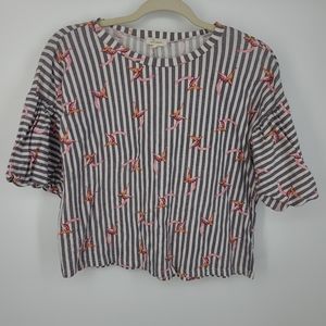 4/$25 Duets Striped Bird Print Puff Short Sleeve Blouse Size XL